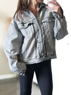 Kollar Grey Washed Denim Jacket Oversized Zip Detail Streetwear Distressed Large